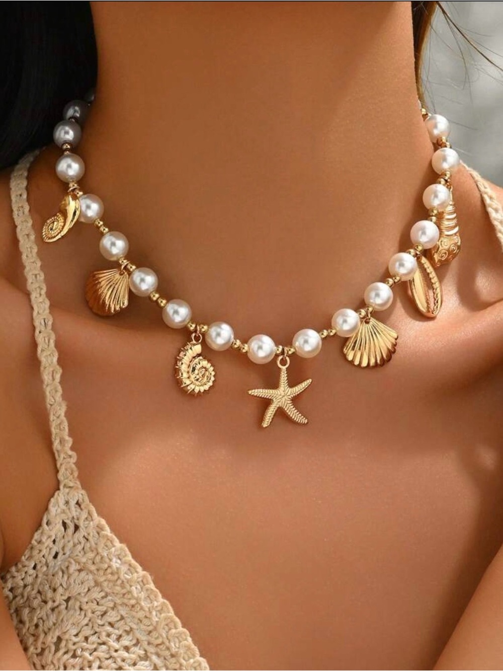 NWT Gold Shell & Pearl Charm Necklace - Beach Starfish Jewelry